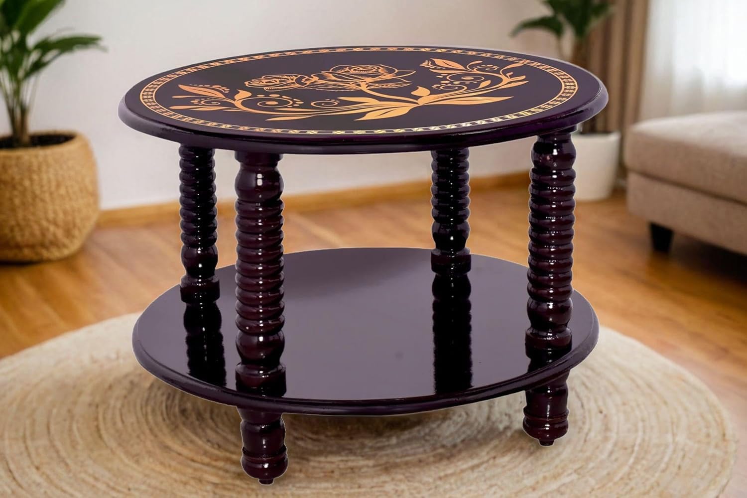 WOOD NIX Round Coffee Table | Tea Table for Living Room | 2-Tier Wooden Farmhouse Center Table with Storage and Open Shelf for Living Room-image-21
