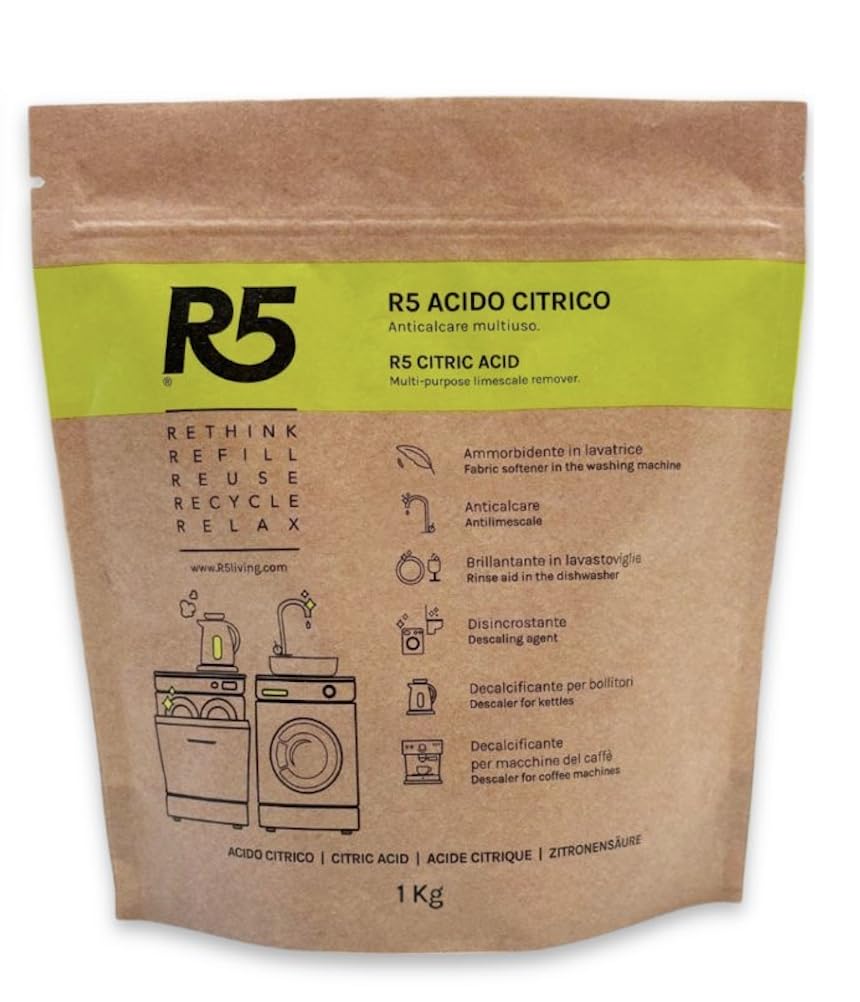 R5, Acido Citrico in Polvere, 1Kg, Anticalcare Multiuso, Disincrostante, Brillantante e Ammorbidente, Inodore