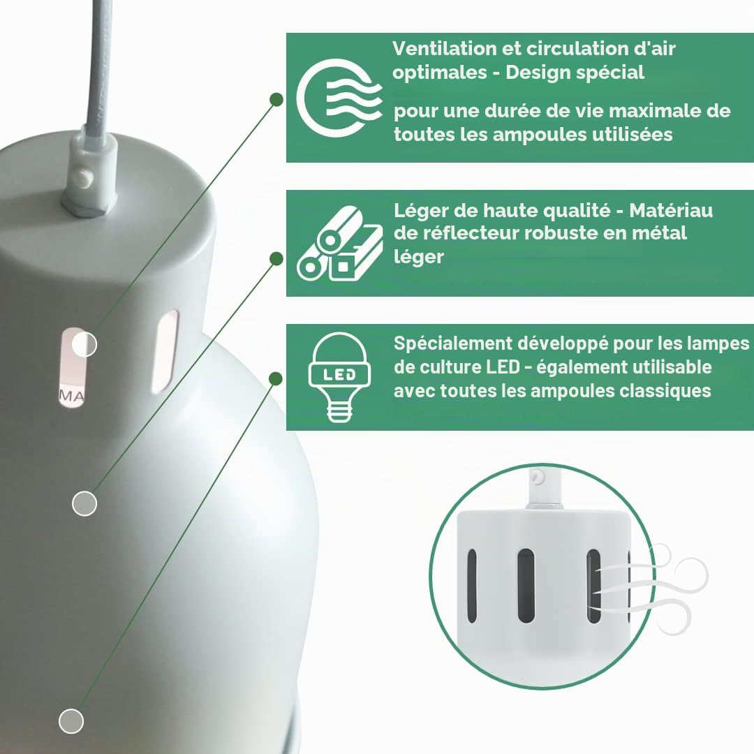 Venso EcoSolutions Abat-jour E27 SAGA noir, photosynthèse améliorée et formation de chlorophylle plus élevée, lampe de croissance à LED, lumière de croissance pour plantes d'intérieur, légumes, fleurs