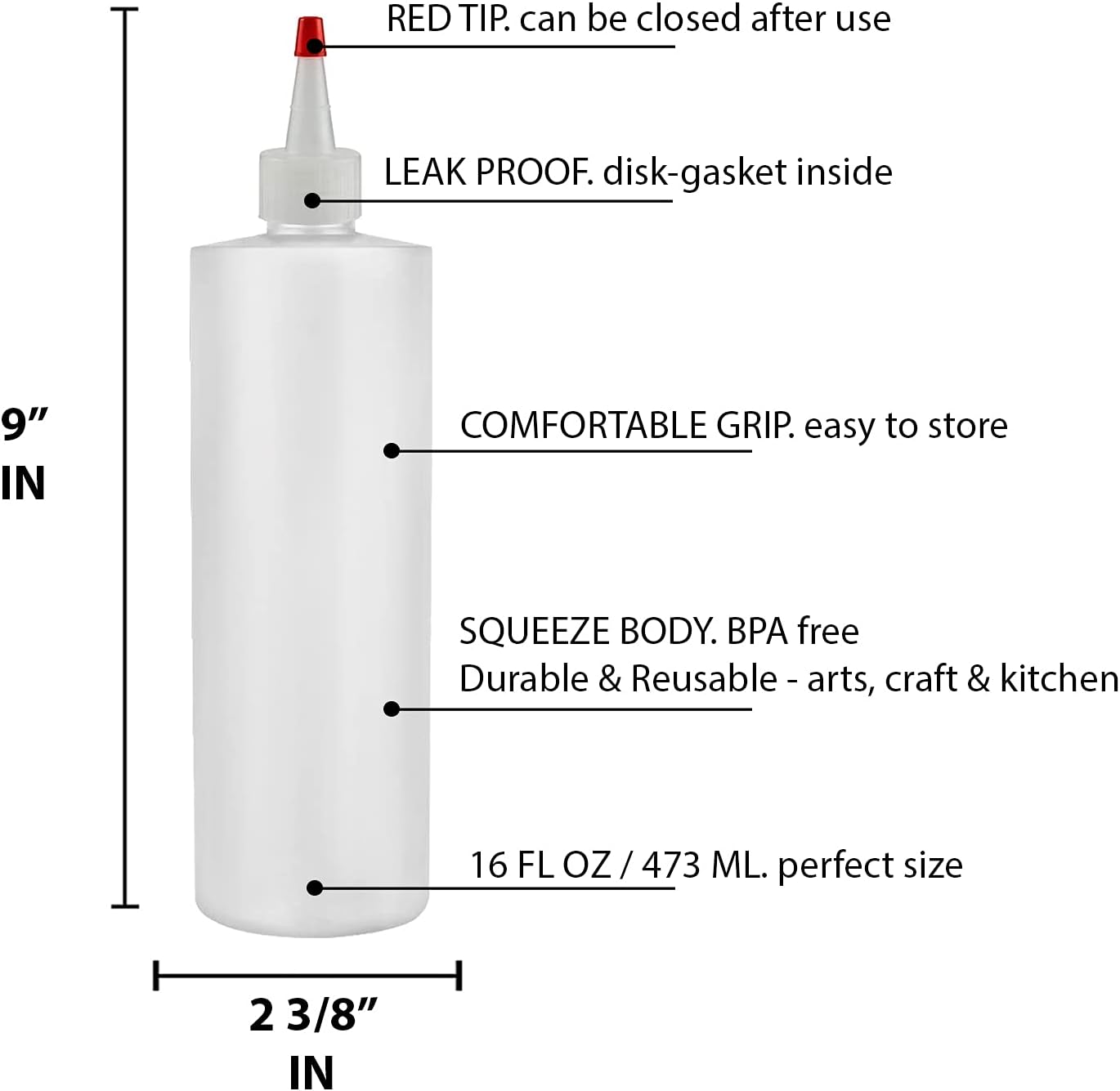 BRIGHTFROM Applicator Bottles with Red Top Cap, Squeeze Empty Plastic Bottles, Refillable - Multi Purpose, 2 Pack (16 OZ) : Beauty & Personal Care