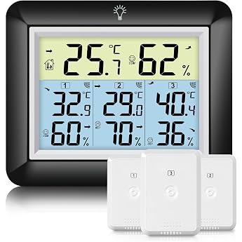 Urageuxy Wireless Thermometer with 3 Outdoor Sensors Weather Station with 100 m Range Digital Hygrometer Thermometer with Large LCD Display Min/Max Recording Easy to Use Black