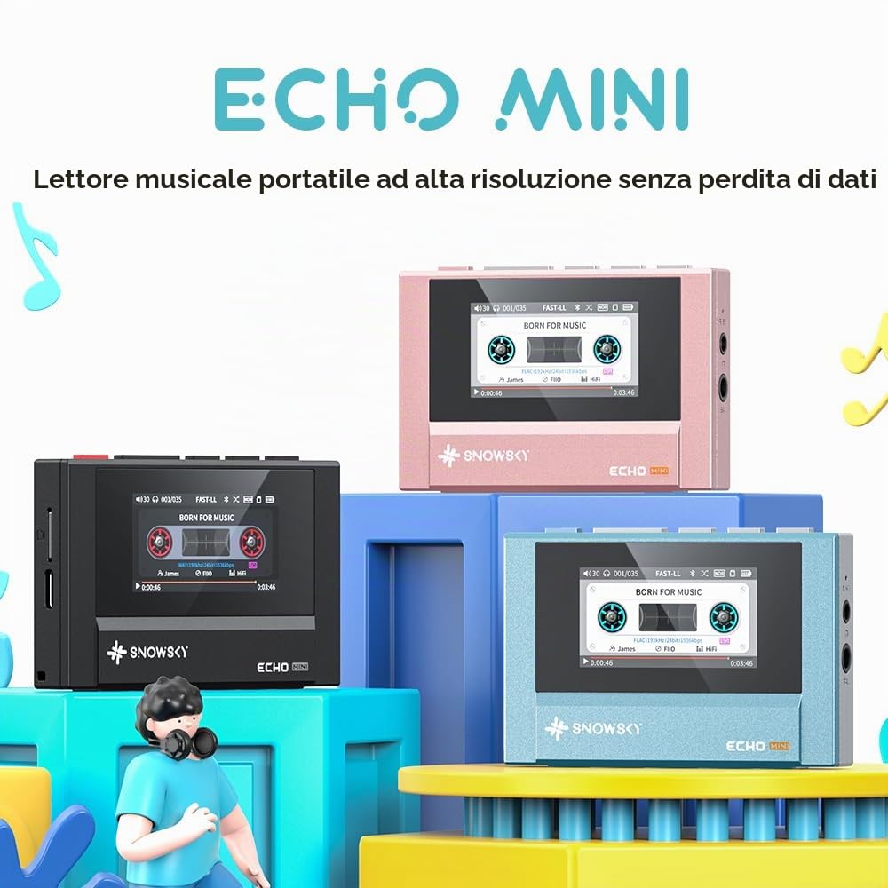 SnowSky/FiiO Echo MINI Lettore MP3 HiFi Bluetooth, 15 Ore di Riproduzione, Controllo del Volume Indipendente con Uscite Cuffie da 3,5 mm/4,4 mm (Blu Cielo)