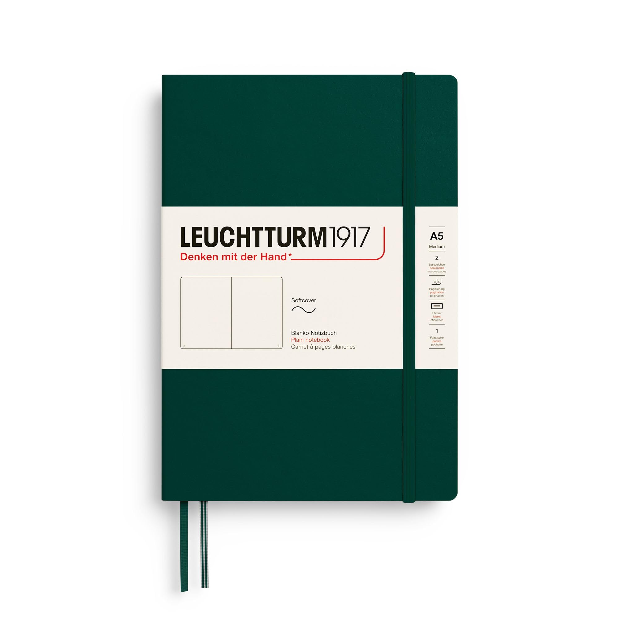 LEUCHTTURM1917 - Notebook Softcover Medium A5-123 Numbered Pages for Writing and Journaling (Forest Green, Plain)