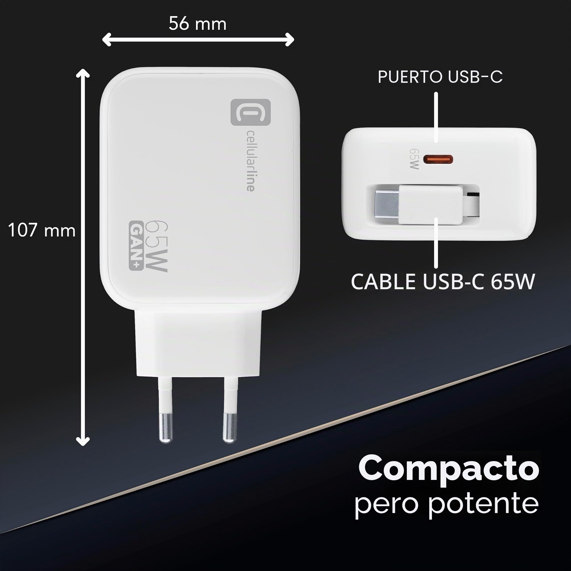 Cargador de Pared Cellularline 65W con Cable USB-C Retráctil de 90 cm, Tecnología GAN, Doble Puerto USB-C Power Delivery, Compacto para Smartphones, Tablets y Portátiles, Blanco