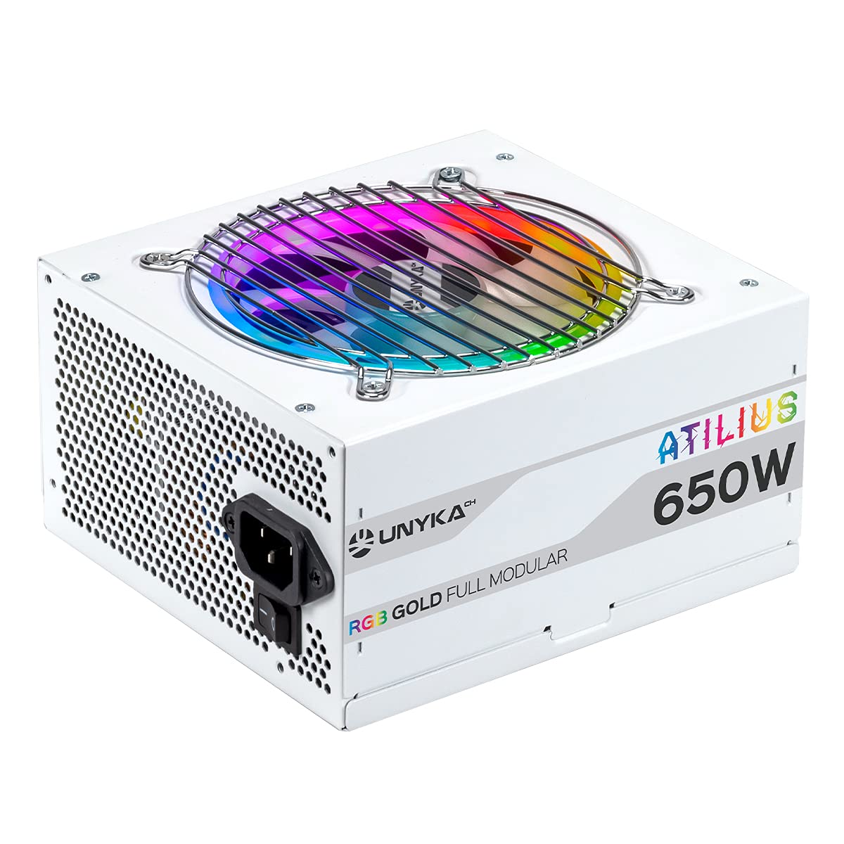 UNYKAch Fuente de Alimentación ATILIUS RGB White 650 W Full Modular, 90 % Eficiencia, ATX 2.31, Condensadores Taiwaneses, Ventilador RGB 120 mm