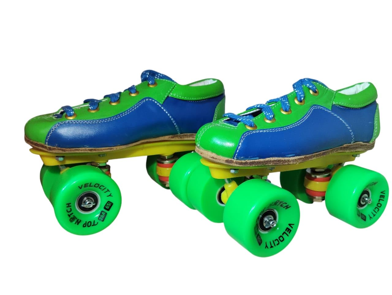 Quad Racing Skates | Double Row Indoor Outdoor Skating Shoes with High Rebound Wheels | Durable Leather Upper with Comfortable Padded Lining (Green & Blue) (4 UK)-image-42