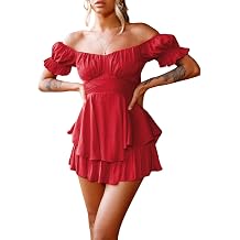Women California Romper Dress with Shorts Summer Boho Off Shoulder Ruffled Tiered Flowy Mini Skater DressRed,X-Large
