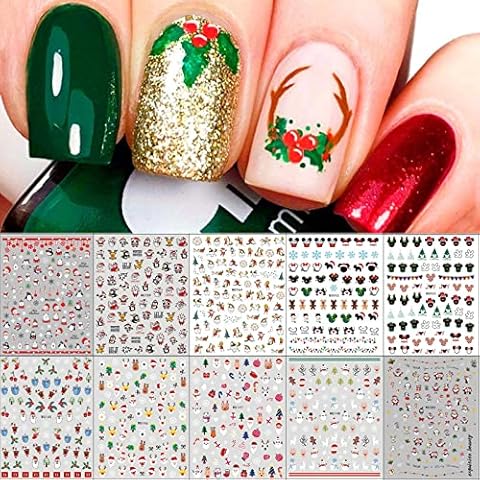 Christmas Nail Stickers, 10 Sheets Self-Adhesive Nail Decal Cartoon Nail Art Decoration Design Supplies Cover