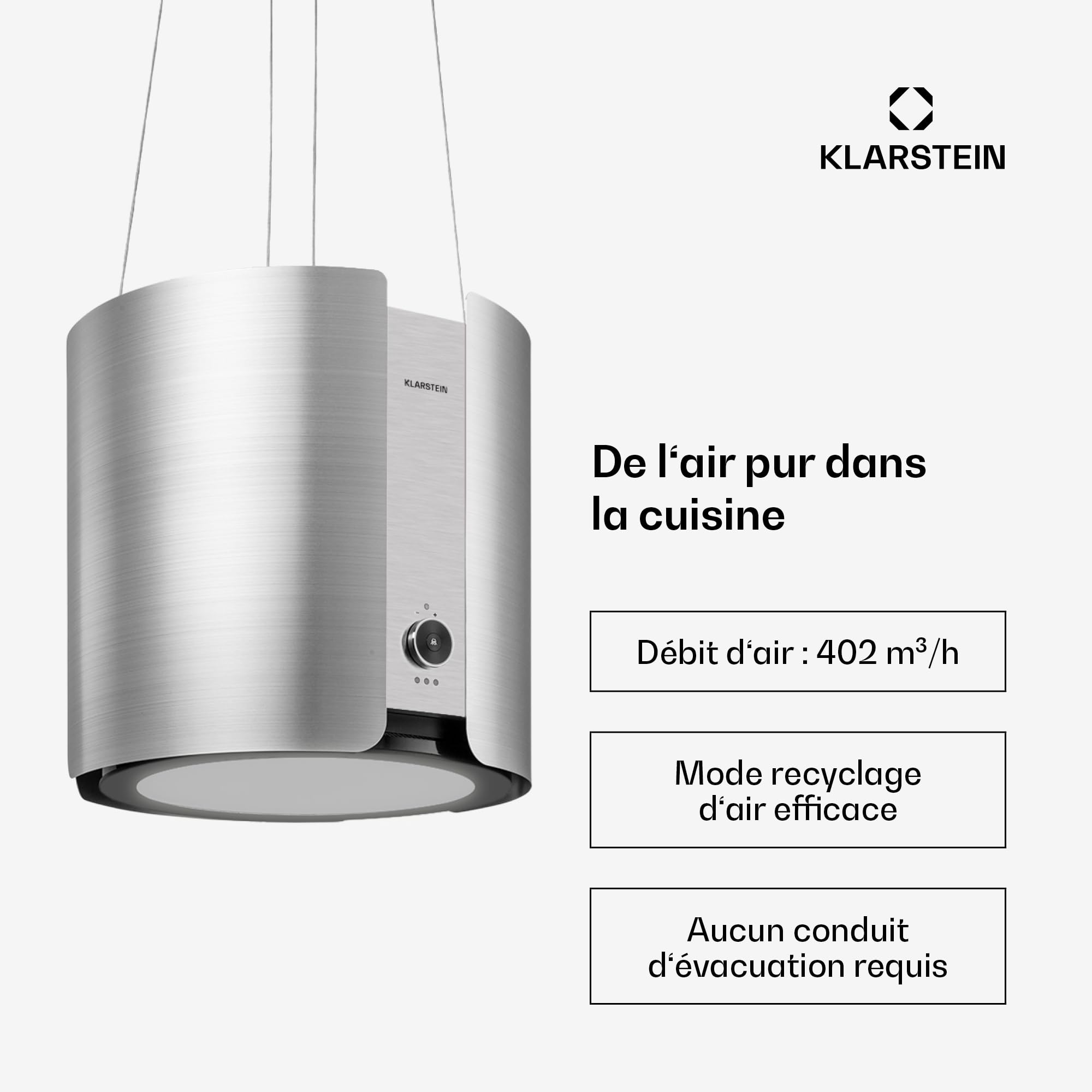 Klarstein Skyfall Smart Hotte d'aspiration - hotte aspirante suspendue, à recyclage/à évacuation, commande par app et par gestes, 45 x 42 cm (Øxl), 402 m³/h, 200 W, 3 vitesses, éclairage LED, argent