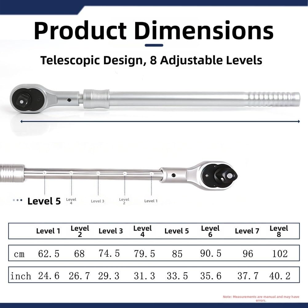 Llave de trinquete telescópica resistente con cabeza de 72 dientes, extensible de 625 a 1020 mm, liberación rápida de 3/4 pulgadas, para acero CR-V, agarre antideslizante para automóviles y