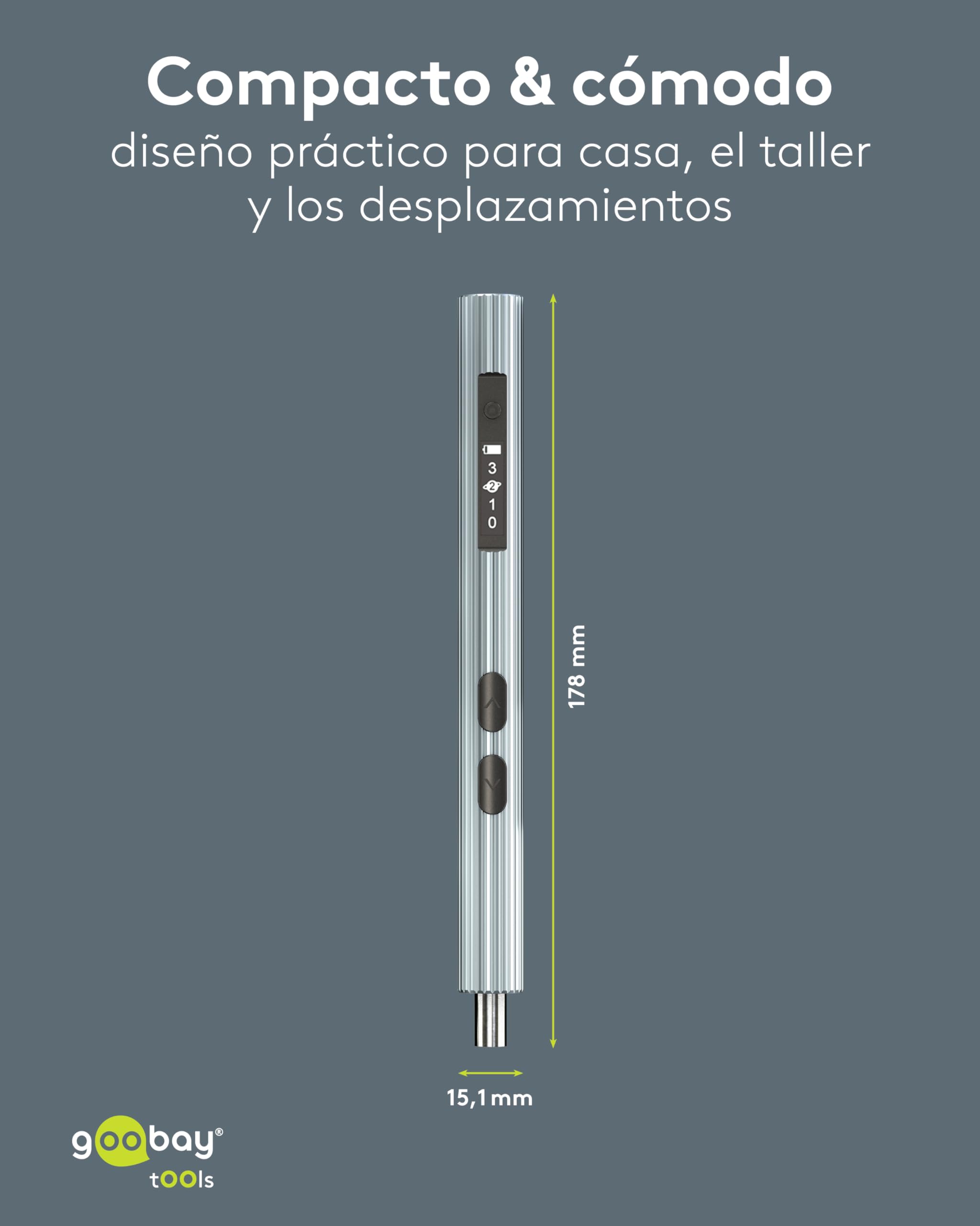 goobay Destornillador eléctrico a batería 58 en 1 con 50 puntas de precisión, funda de aluminio magnética, 4 luces LED de trabajo, carga USB-C, ideal para electrónica, mecánica precisión y bricolaje