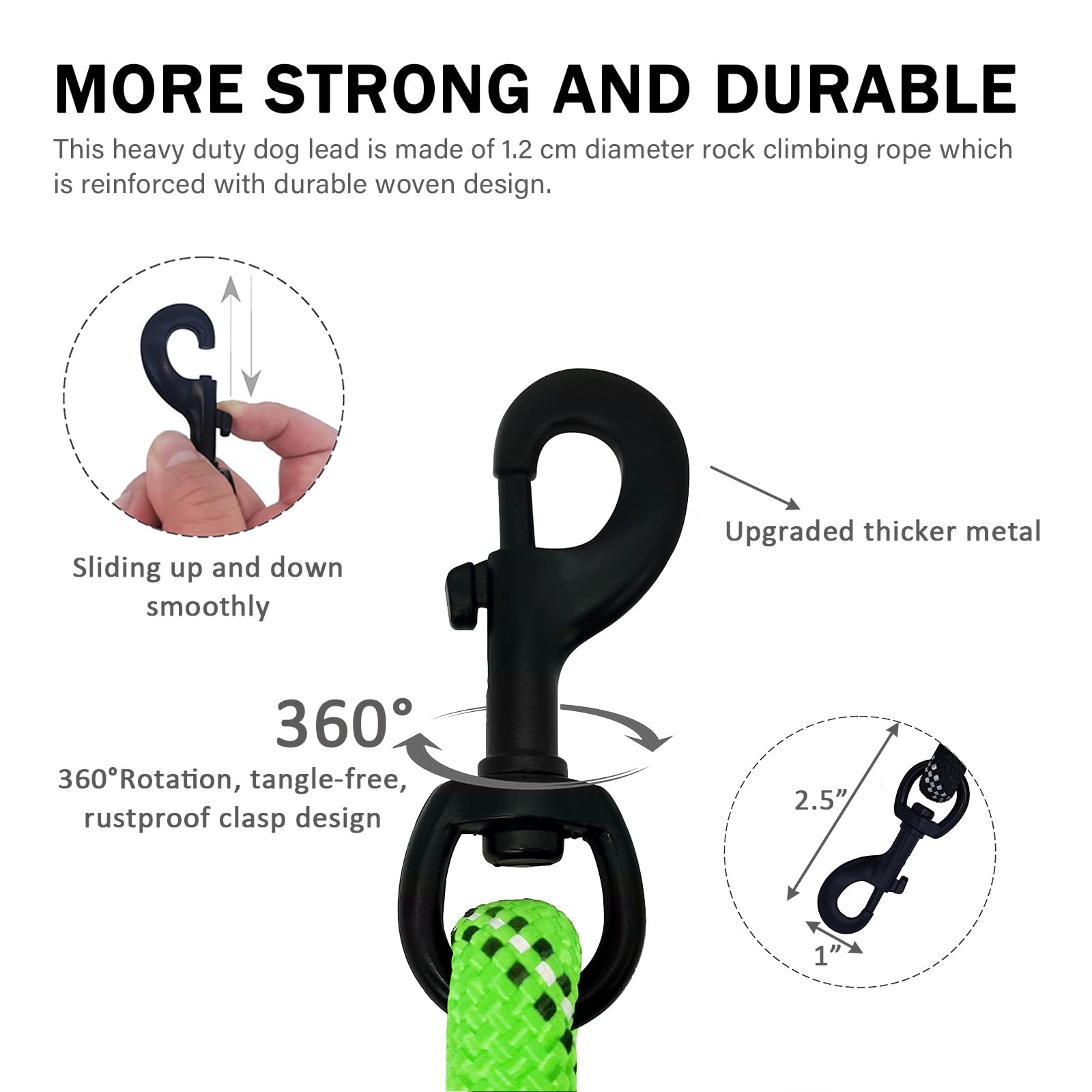 Heavy Duty Dog Lead for Medium/Large Dogs, Durable Rope Leash with Ergonomic Padded Handle & Reflective Safety Stripe (Green - Image 4