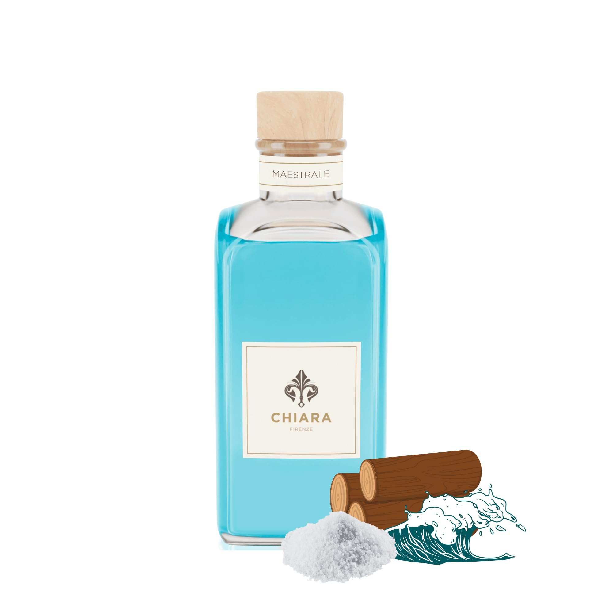 Chiara Firenze Raumduft Maestrale 200 ML Flasche + Stäbchen Made in Italy Salzig - Kiefernholz - Salz