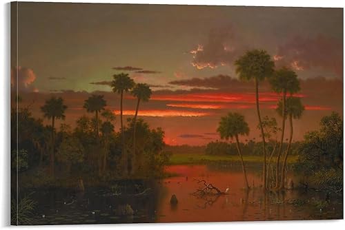 Martin Johnson Heade Painter - Póster decorativo en lienzo con texto en inglés The Great Florida Sunset by Martin Johnson Heade, póster decorativo