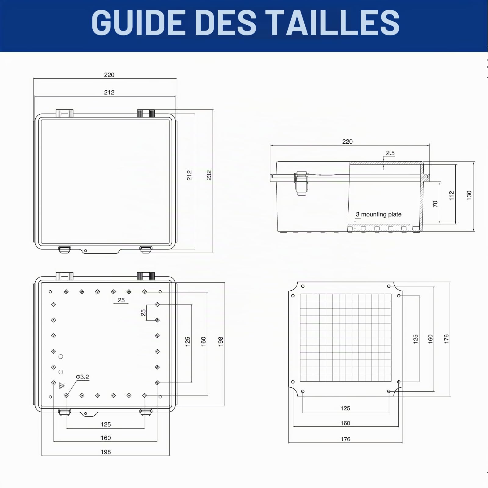 Boîte de Dérivation Electrique,Boitier Electrique Étanche avec Couvercle à Charnière,IP66 Boîte de Jonction en Plastique ABS,Couvercle Transparent Coffret Électrique 210x210x130MM