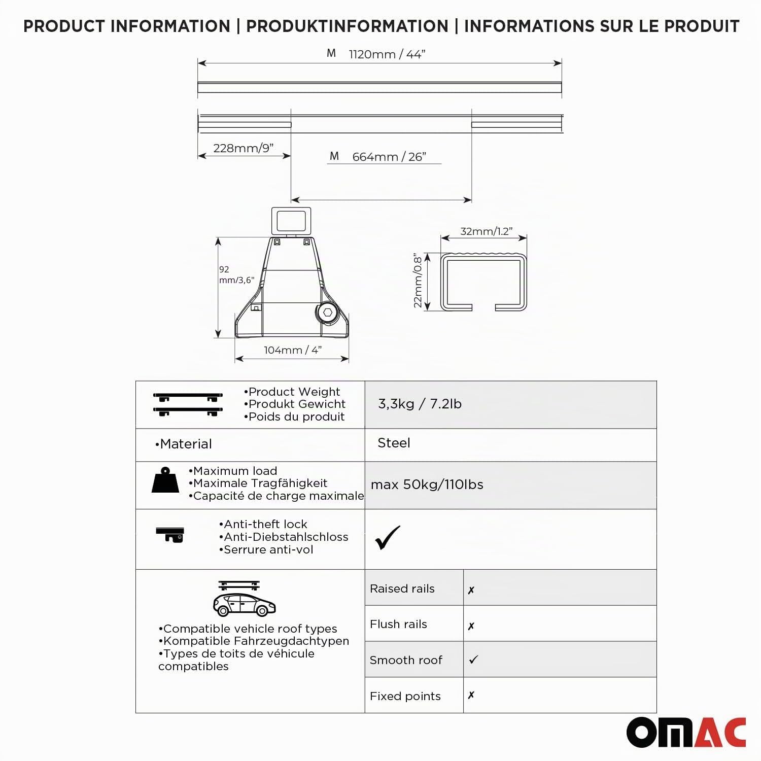 OMAC Barre trasversali in acciaio per Ford Fiesta mk7 St-Line 2018-2023 – Antifurto Incluso – Testata City Crash – DIN 75302:2019 – ISO/passo 11154:2006 – Carico massimo 50 kg Nero