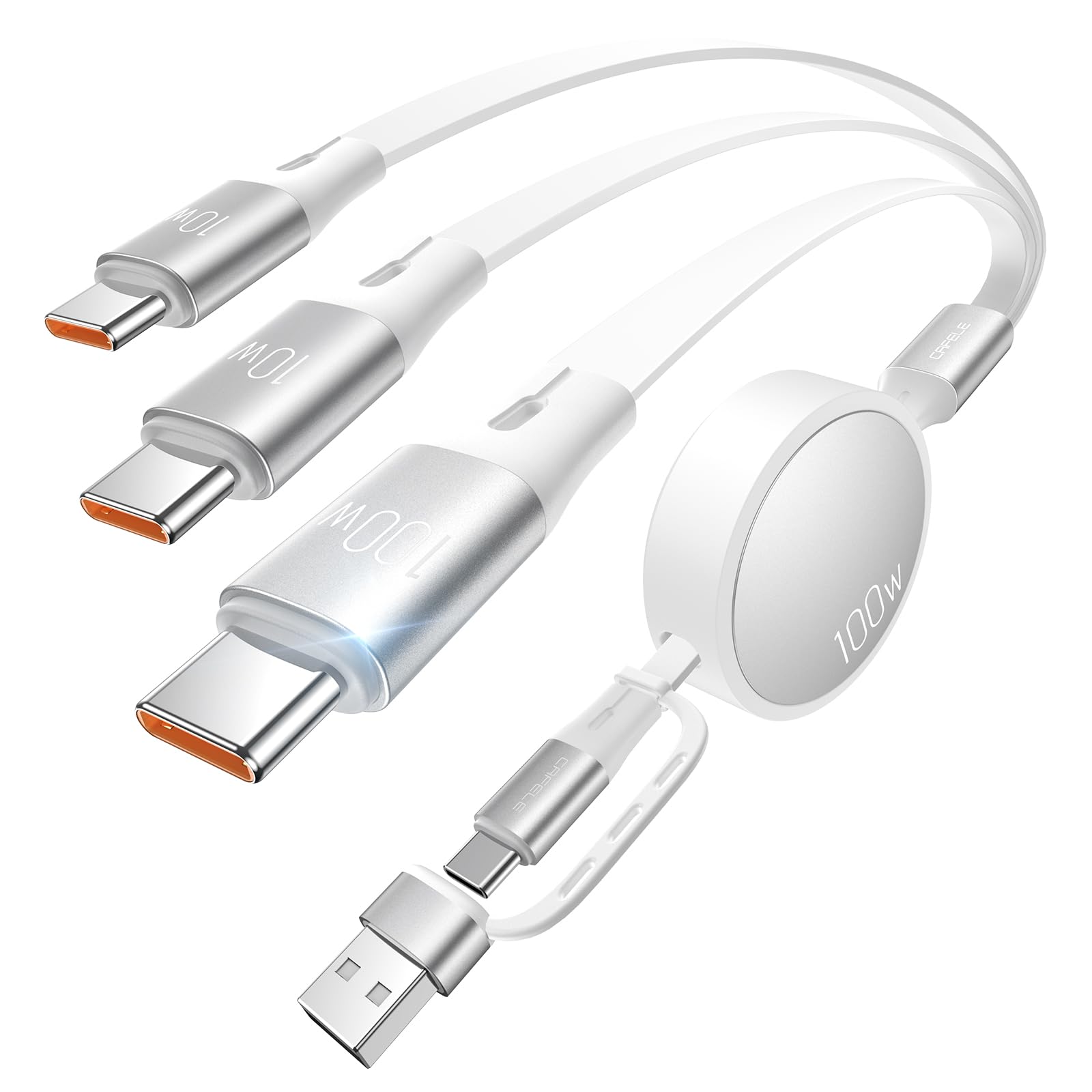 【新登場&3つのtype-c（100W+10W+10W）】3in2 巻き取り充電ケーブル 3in2 充電ケーブルタイプc×3 USB-C to USB-C けーブルPD対応100w/5A QC4.0 高速充電 usb type -c 最大1oow高速データ転送（ type c100ワのみ）マルチ 3台同時給電 充電コード自由式 1.3m 全機種対応 1年間メーカー保証 (ホワイト)