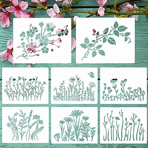 Wild Flower Stencils for Painting 11X8.3 Large Flower Stencil for Walls - Leaf, Cherry Blossom, Vine - Reusable Drawing Templates for Wood, Wall, Canvas, Furniture, Card