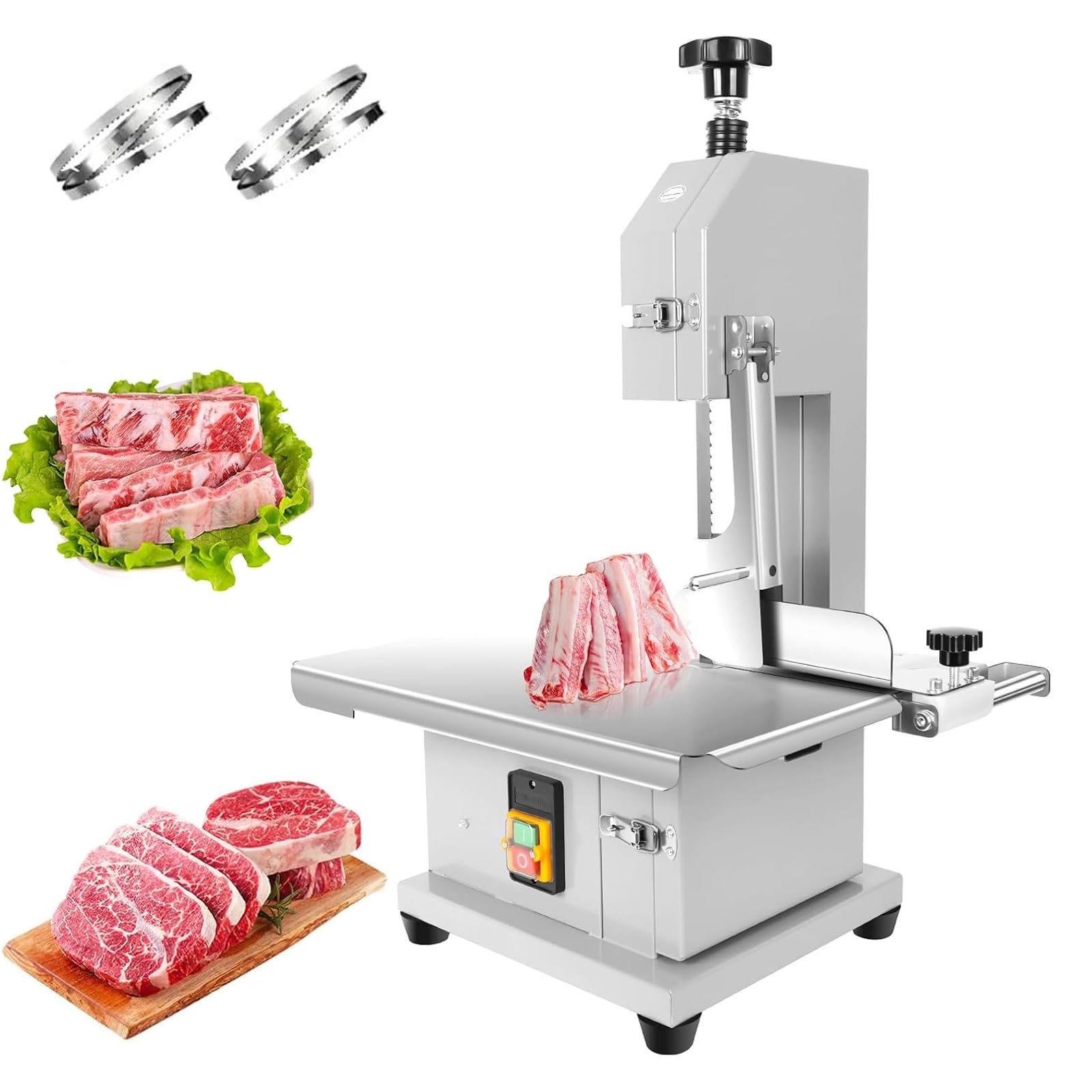 Sierra Eléctrica para Huesos, Sierra de Cinta Eléctrica Comercial para Carne, Mesa de Trabajo de Acero Inoxidable de 19x14 pulgadas, Sierra de Mesa para Carne Congelada con 3 Hojas de Corte