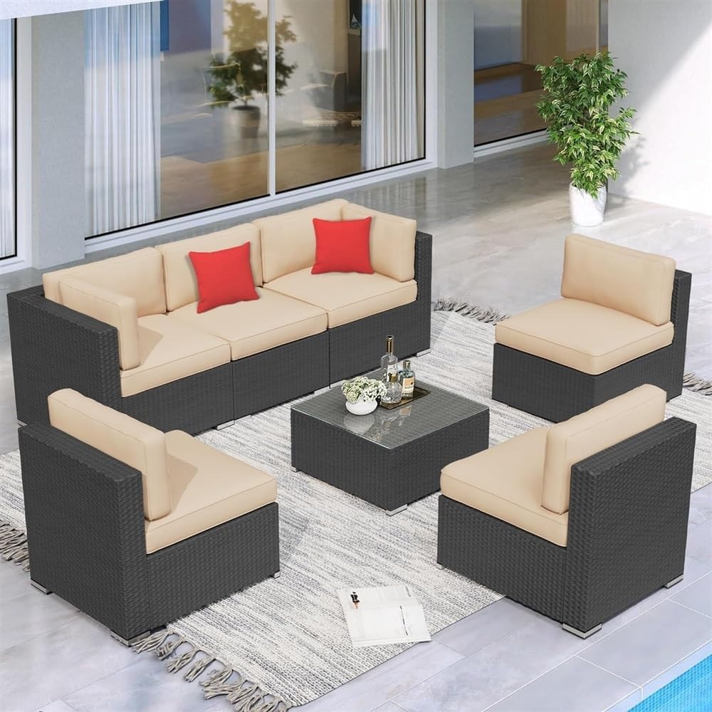 7 Piece Patio Conversation Set Wicker Rattan Furniture Outdoor Sofa with Glass Top Table and Cushions for Porch,Lawn and Yard