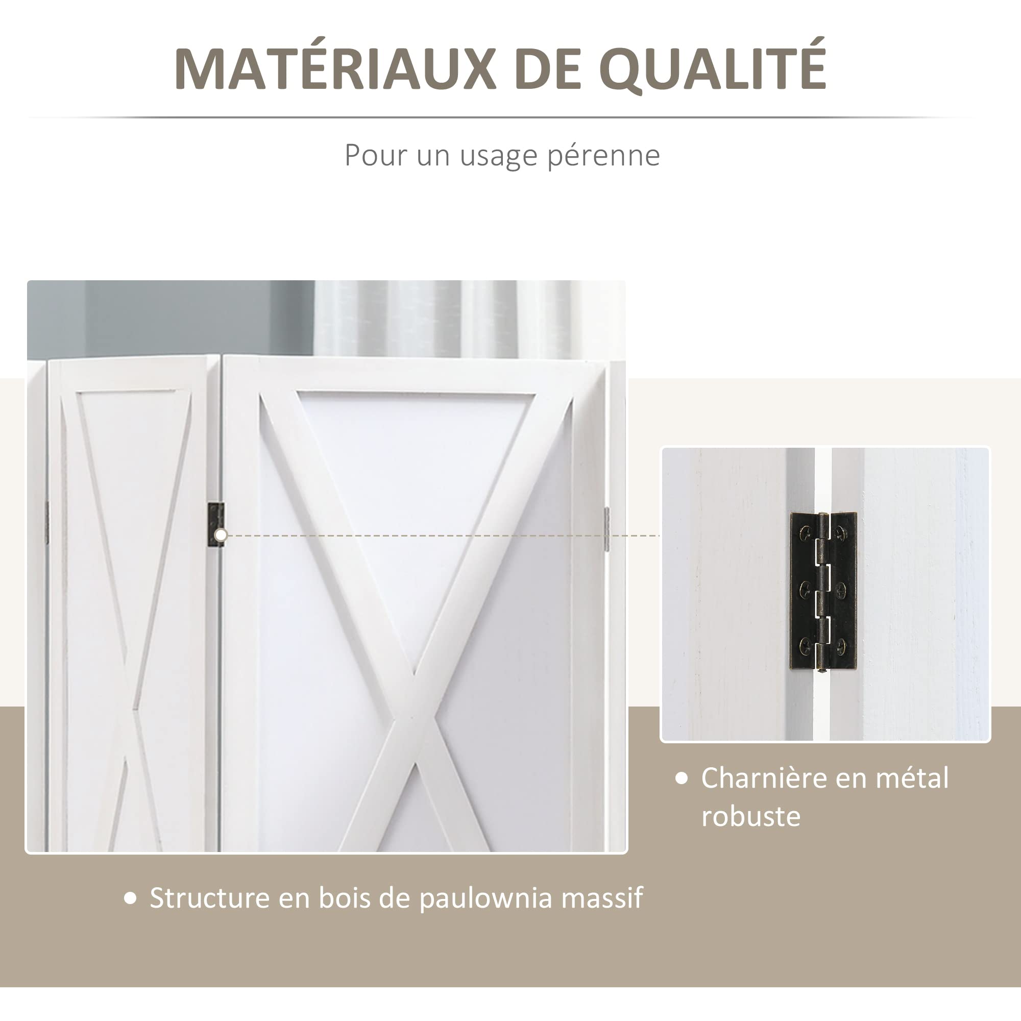 HOMCOM Paravent Intérieur 4 Panneaux 182L x 170H cm Campagnard Chic Blanc