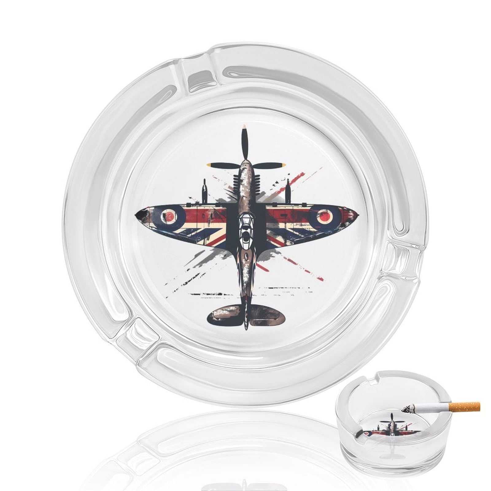 WW2 Spitfire Iconic British Airplane Ashtray Portable Round Glass Outdoor Ash Tray for Home Office Garden Pub