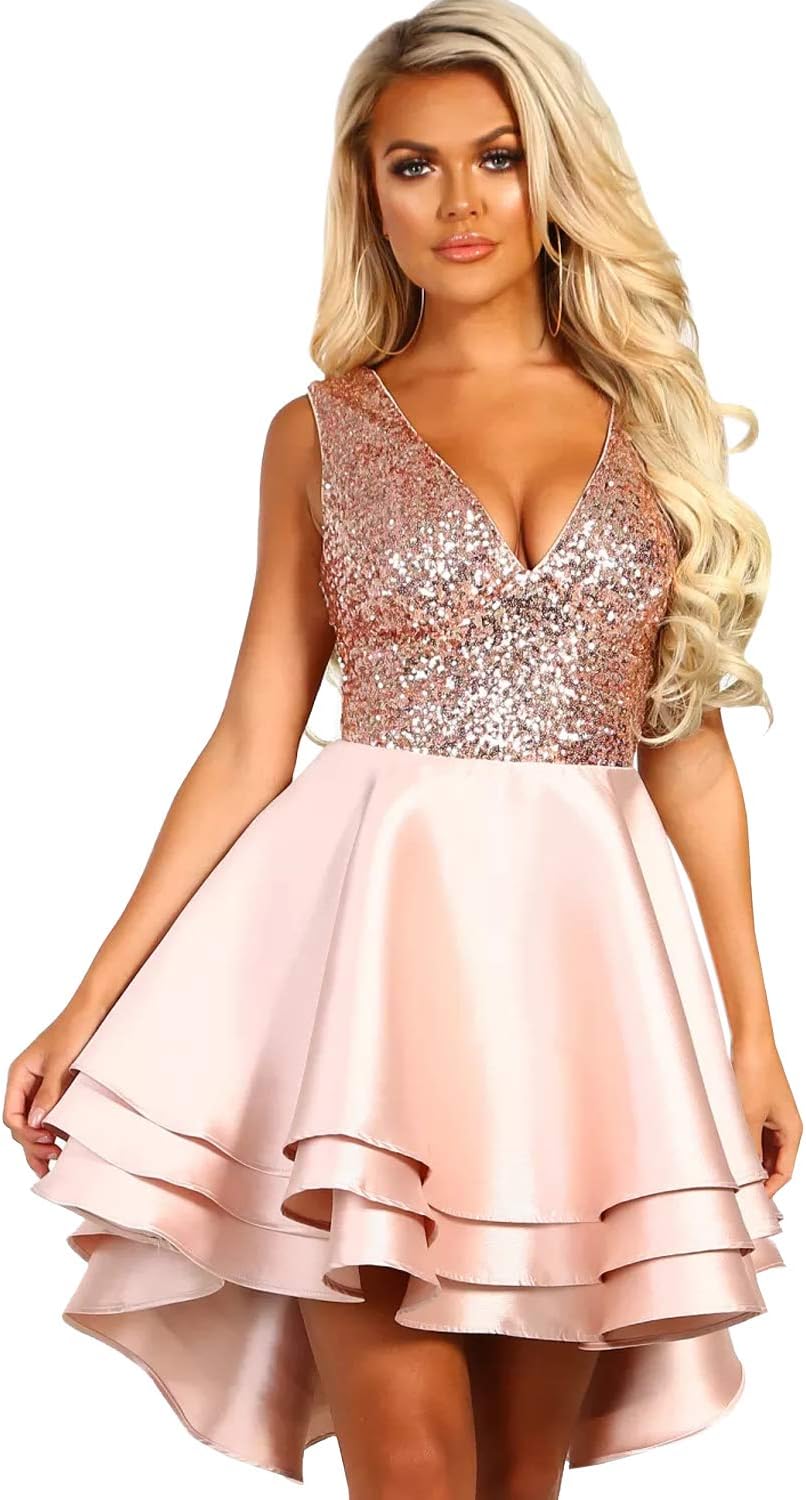 shelovesclothingWomen's Pink Gold Sequin Multi Layer Skater Mini Dress with Low Plunge V Neck
