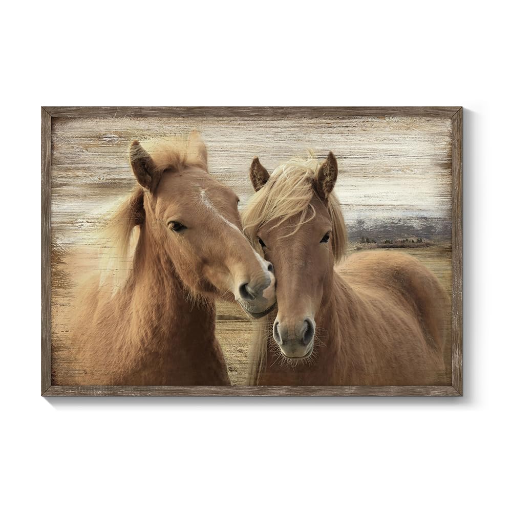 TAR TAR STUDIO Farmhouse Brown Horse Wall Art - Vintage Wooden Frame Painting Small Wild Western Pictures for Bedroom Bathroom Living Room