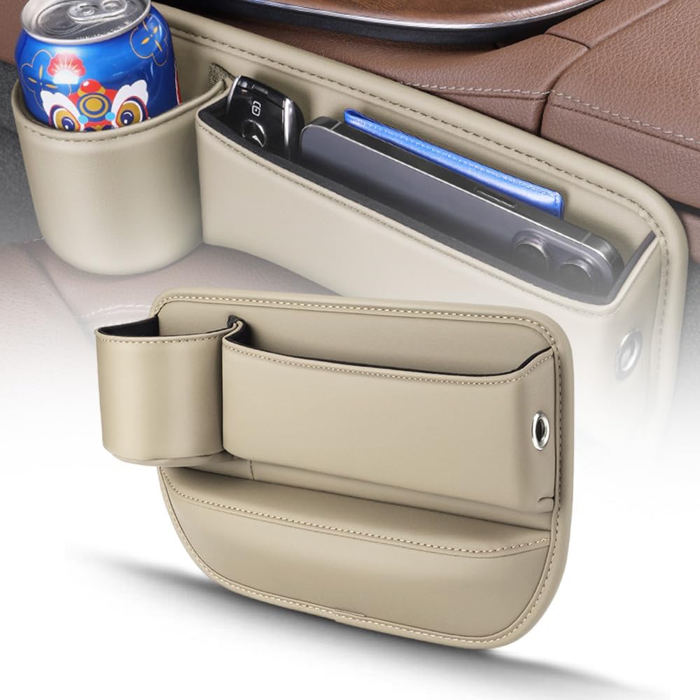 Car Leather Cup Holder Gap Bag,Car Seat Gap Storage Box, Leather Cup Holder Gap Organizer Bag with Cup Holder for Phones Glasses Keys Cards Beige,Driver
