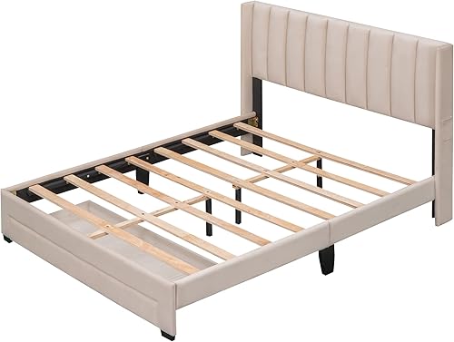 Miniatura 6 de Cama de plataforma de tapicería tamaño Queen con 4 cajones en 2 lados marco de cama de madera con cabecera ajustable para dormitorio de niños diseño