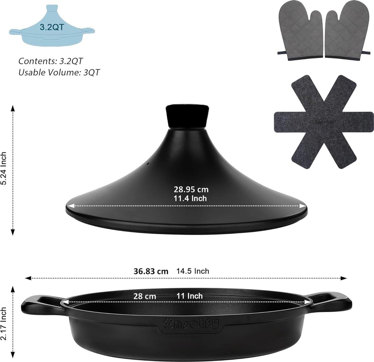 Tajine Saffron 30 cm - Non-stick - PFOA free- nadaje się do wszystkich płyt kuchennych - czarny wraz z rękawicami kuchennymi i filcem