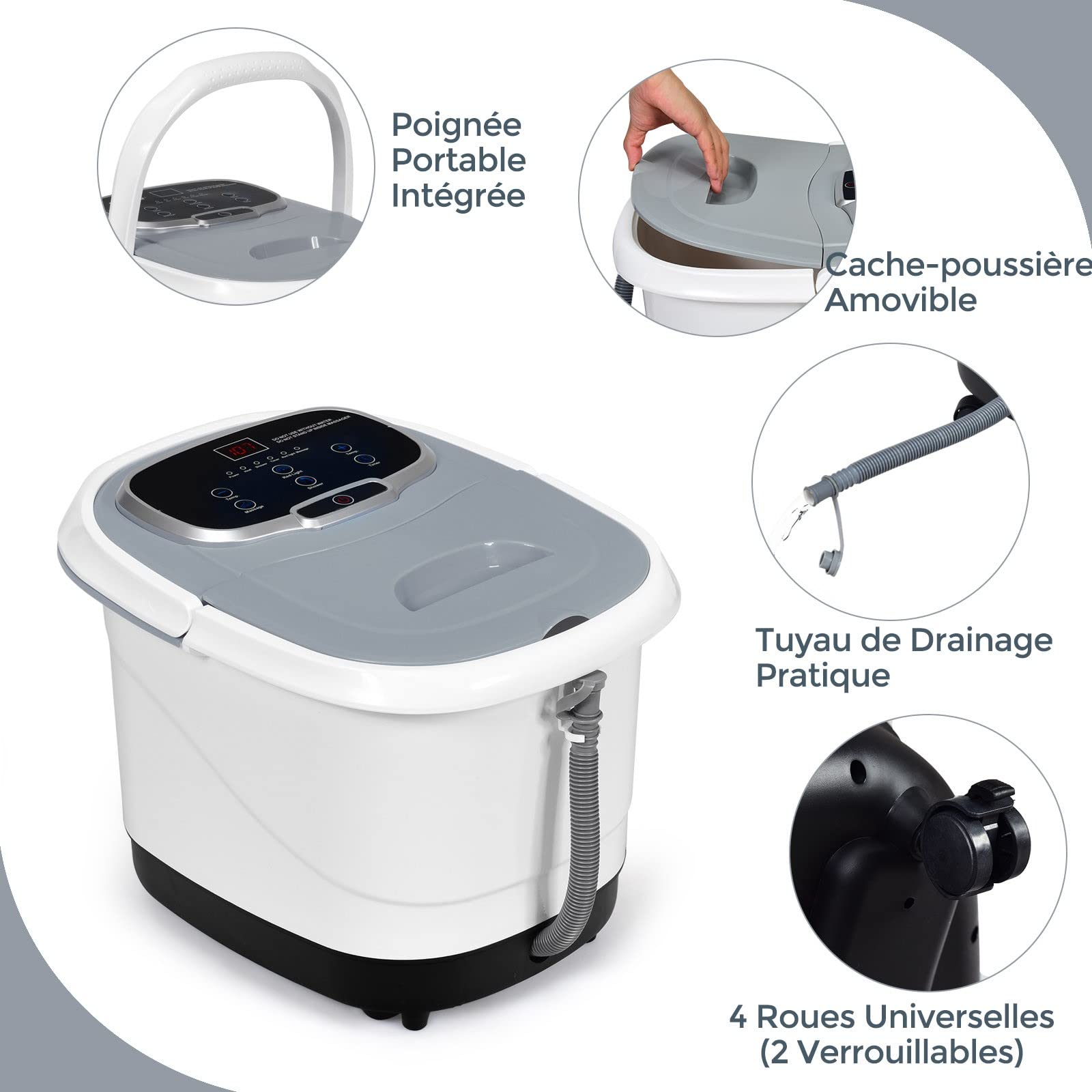 RELAX4LIFE Bain de Pieds Hydromasseur, Bain Massage Électrique avec Minuterie 10-60 Min, Température Réglable 35-48°C, Thalasso Pied avec Rouleaux Amovibles, Roues Verrouillables pour Détendre Pieds