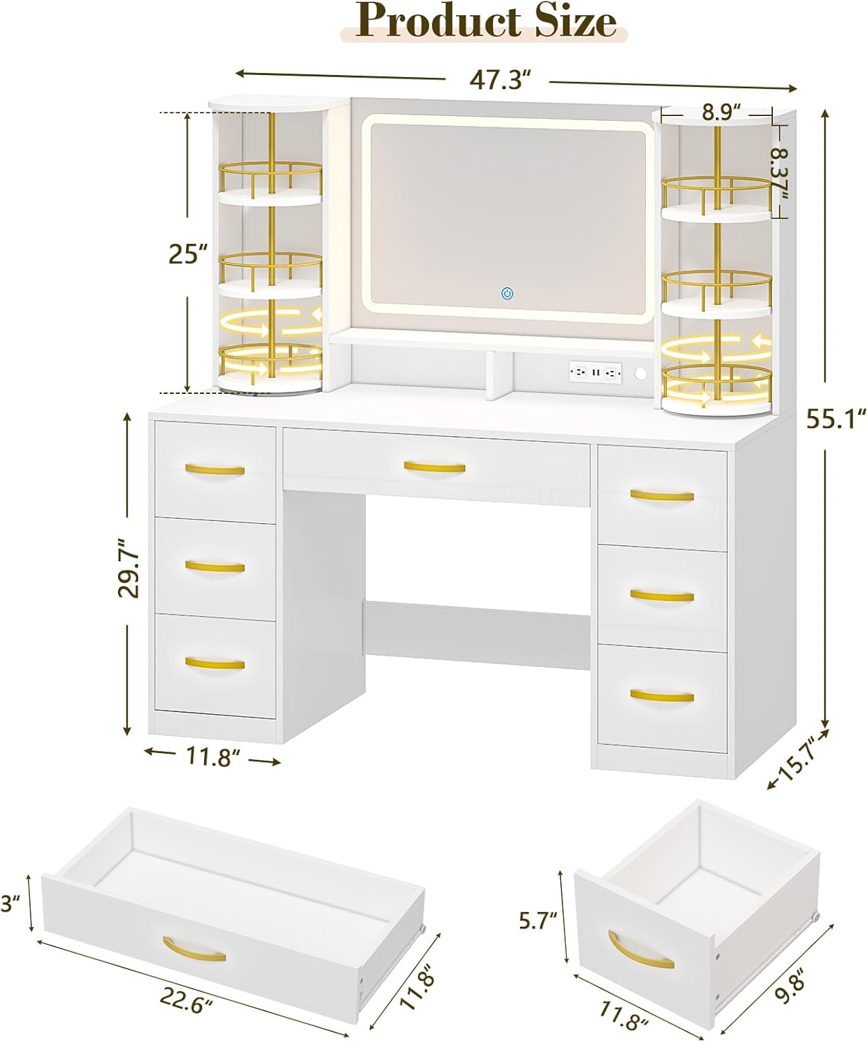 Vanity Desk with LED Mirror and 360 Rotating Makeup Organizer Shelves, White Makeup Vanity with Lights & Charging Station, Large Vanity Table with 6 Storage Drawers Bedroom Makeup Desk for Women Girls White Vanity