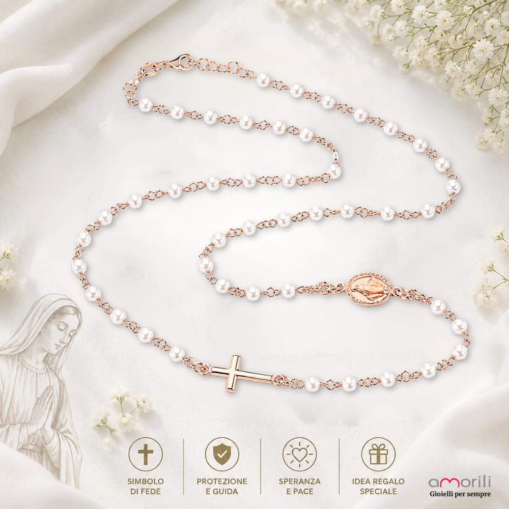 Collana Rosario Donna in Argento 925 Ramato Girocollo con Grani di Perle – Simbolo Cattolico Cristiano di Fede Religioso – Collana Elegante Idea Regalo cll2142