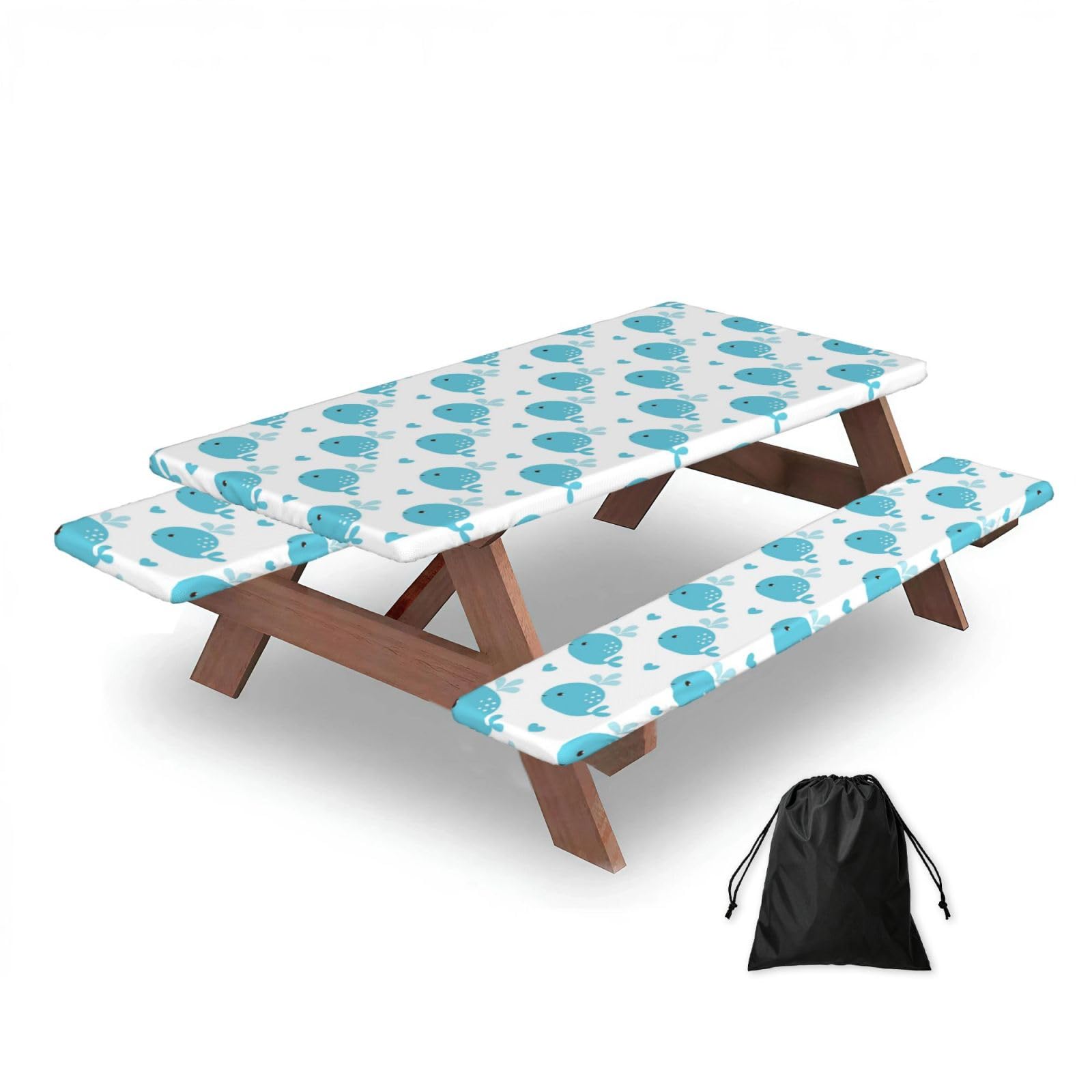 Dopklna As Picture Cute Blue Whales, Picnic Table Cover With Bench Covers -Waterproof Elastic Fitted Tablecloth For Garden Camping Patio 76X152cm