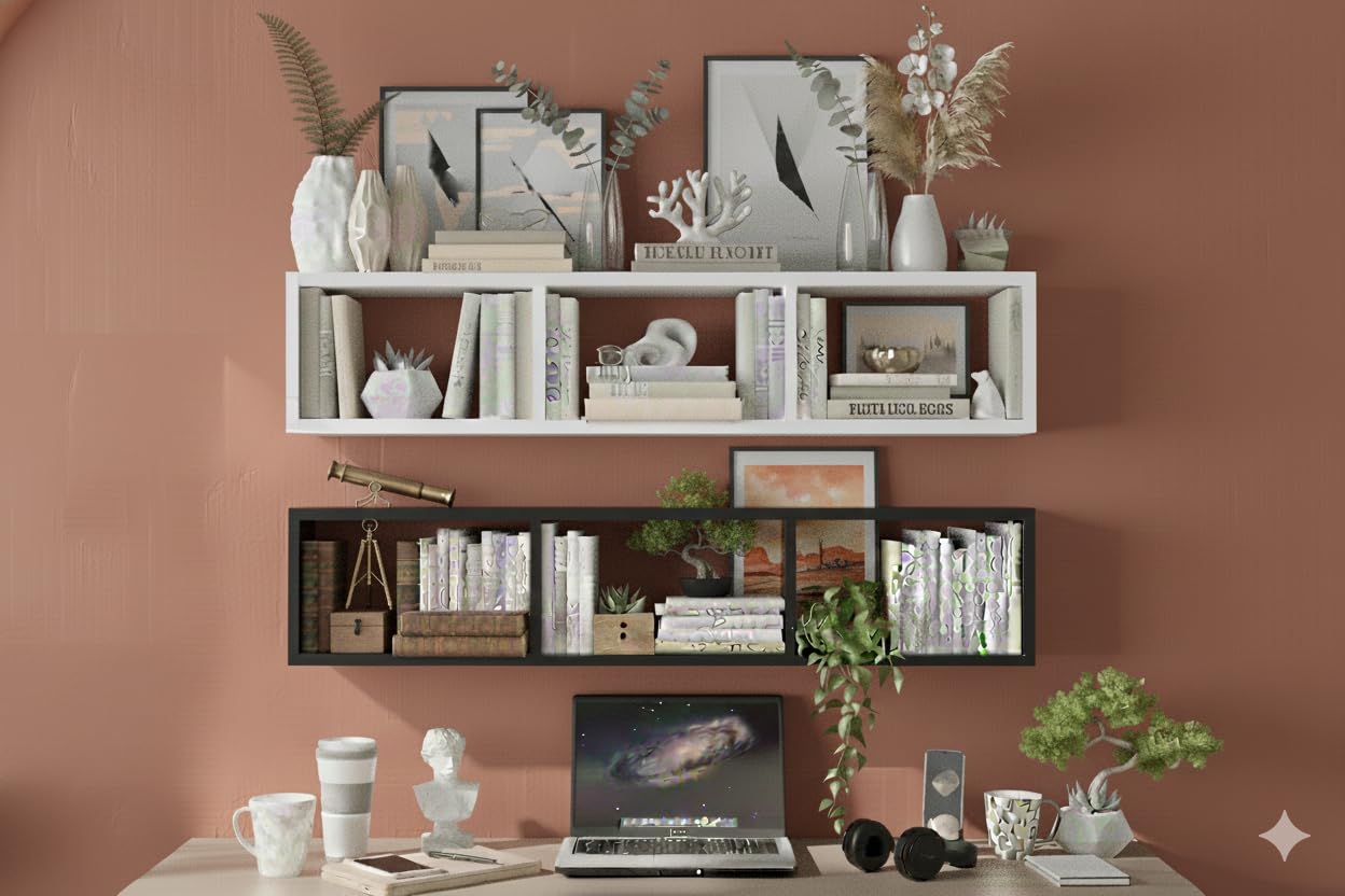 Multipurpose White Brown Hanging Floating Wall Shelf-image-32