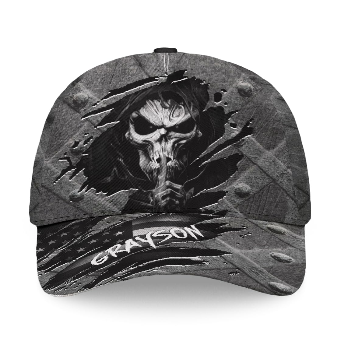 Skull Baseball Cap for Men, Grim Reaper Death Crack Old Metal with Flag, Men's Hat, Adjustable Motorcycle Soft Caps