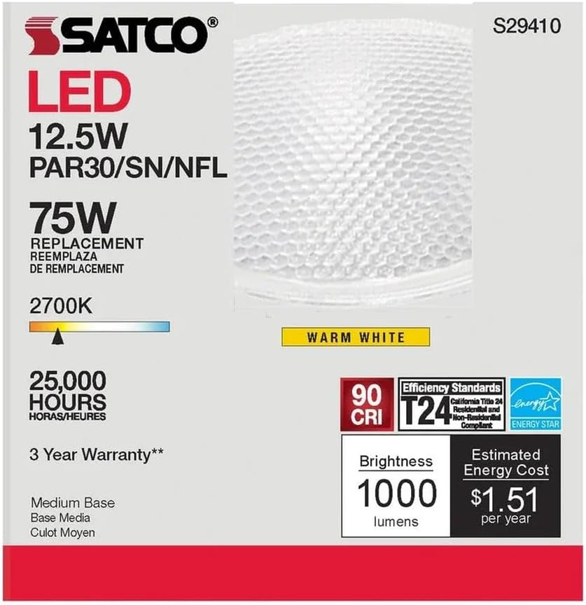 Satco S29410 12.5 Watt PAR30SN LED Light Bulb, 2700K Warm White, 25 Degree Beam Angle, Medium Base, 120 Volt, 6 Pack