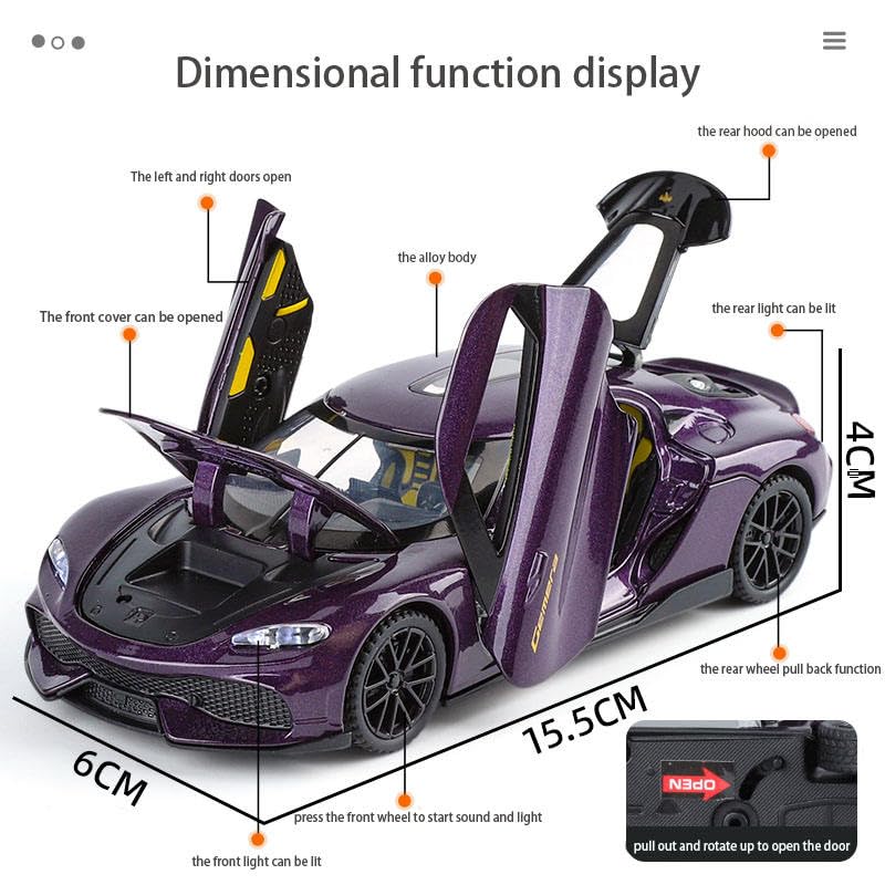 Image of FEXXA 1:32 Scale Koenigsegg Gemera Die-Cast Metal Car with Sport car Openable Doors Light and Sound,Pull Back Function Indoor Outdoor Toy for Kids (Purple)