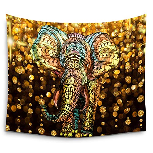 Elephant Tapestry,watercolor Aztec Gold Elephant With Gold Rain Shine Flicker Glow Jewelry Stones Light/Indian Bohemian Wall Hanging Tapestry For Wall Hanging Decor For Bedroom Living Room Dorm