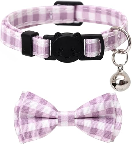 Miniatura 7 de Juego de 2 collares de gato con bonito pajarita y campana, flor a cuadros para gatito, seguridad ajustable