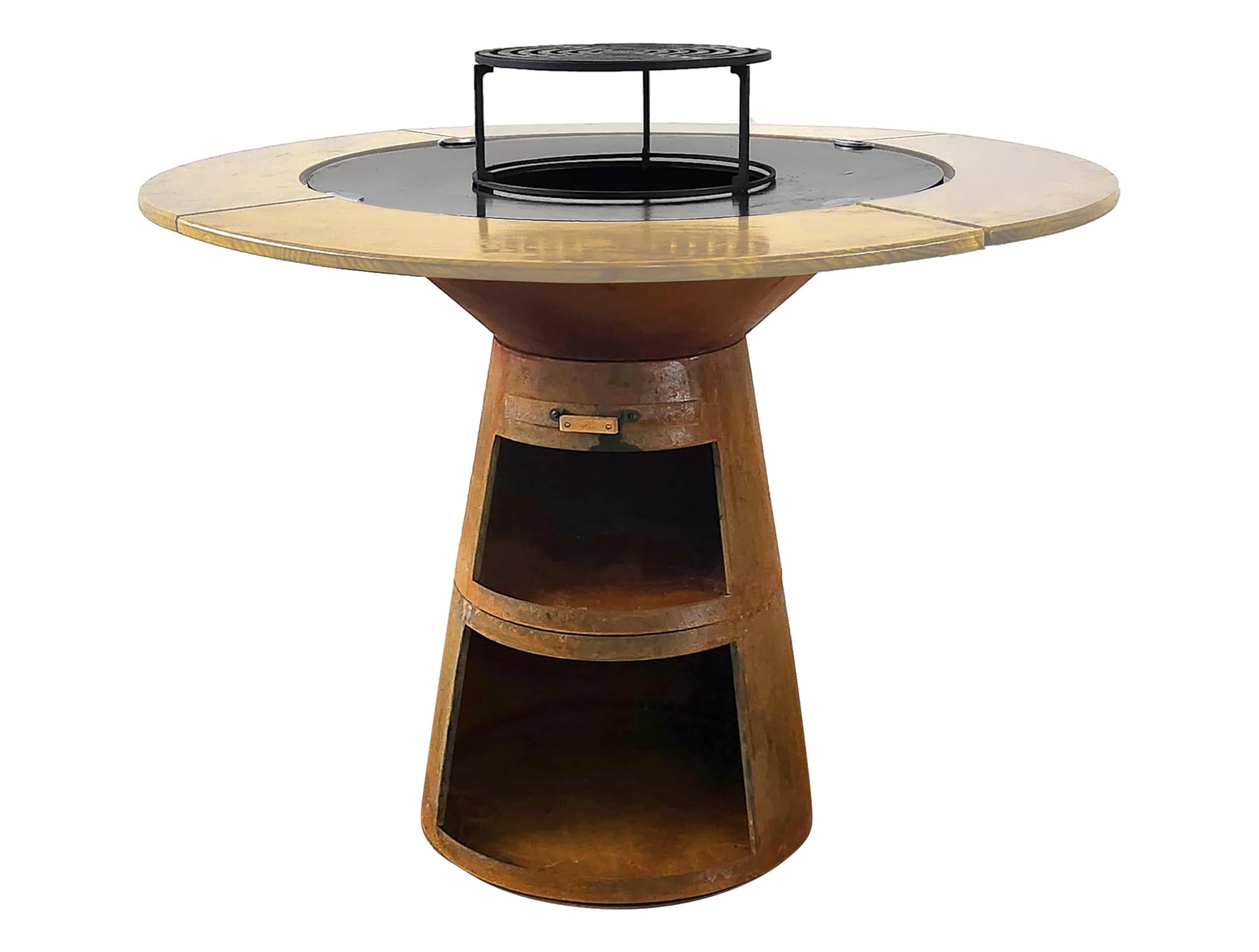 PURLINE | Barbecue rotondo con piastra in acciaio per giardino, terrazzo o patio esterno - Griglia circolare con bordo perimetrale in legno naturale e ampia superficie di cottura (EFP59CO WOOD)
