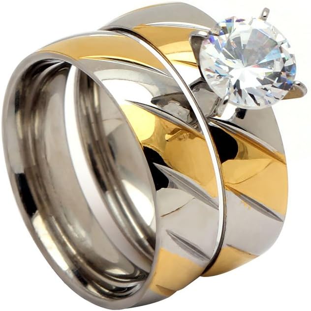 Ginger Lyne Collection Bree Wedding Ring Set for Women Two Tone 4mm Width Bridal Set 7mm Solitaire Engagement with Matching Wedding Band for Her | Stainless Steel Bridal Jewelry for Women