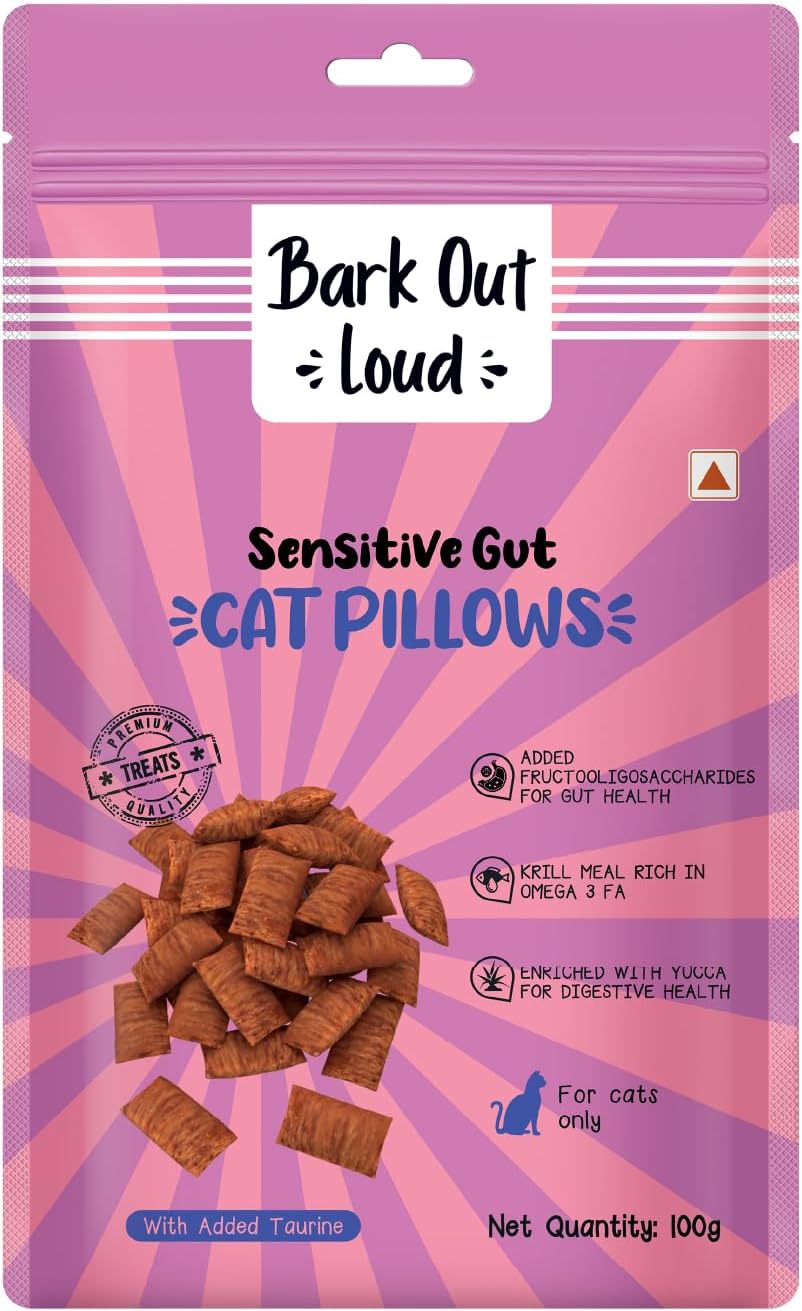 BARK Out Loud by Vivaldis - Cat Pillows for Sensitive Gut Chicken Treats | Dried Krill, Prebiotics, Taurine, Vitamin E 100G, Adult