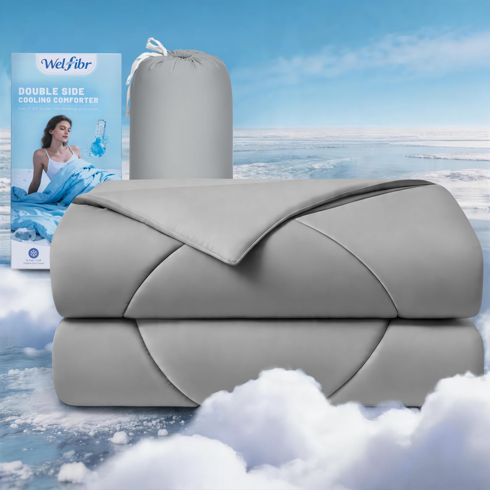 Welfibr Cooling Blanket for Night Sweats, Q-Max 0.5 Double-Sided Cooling Quilt for Hot Sleepers & Menopause, OEKO-TEX Certified Breathable Lightweight Summer Duvet, 200×220cm, Grey