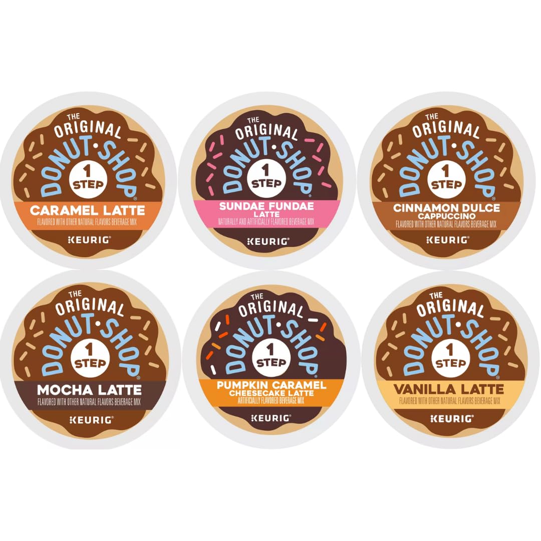 30 Count Donut Shop Latte Pods Variety Pack. 6 Top Flavors - Cinnamon Dulce Cappuccino, Vanilla, Caramel, Mocha, Pumpkin Caramel Cheesecake And Sundae Fundae,