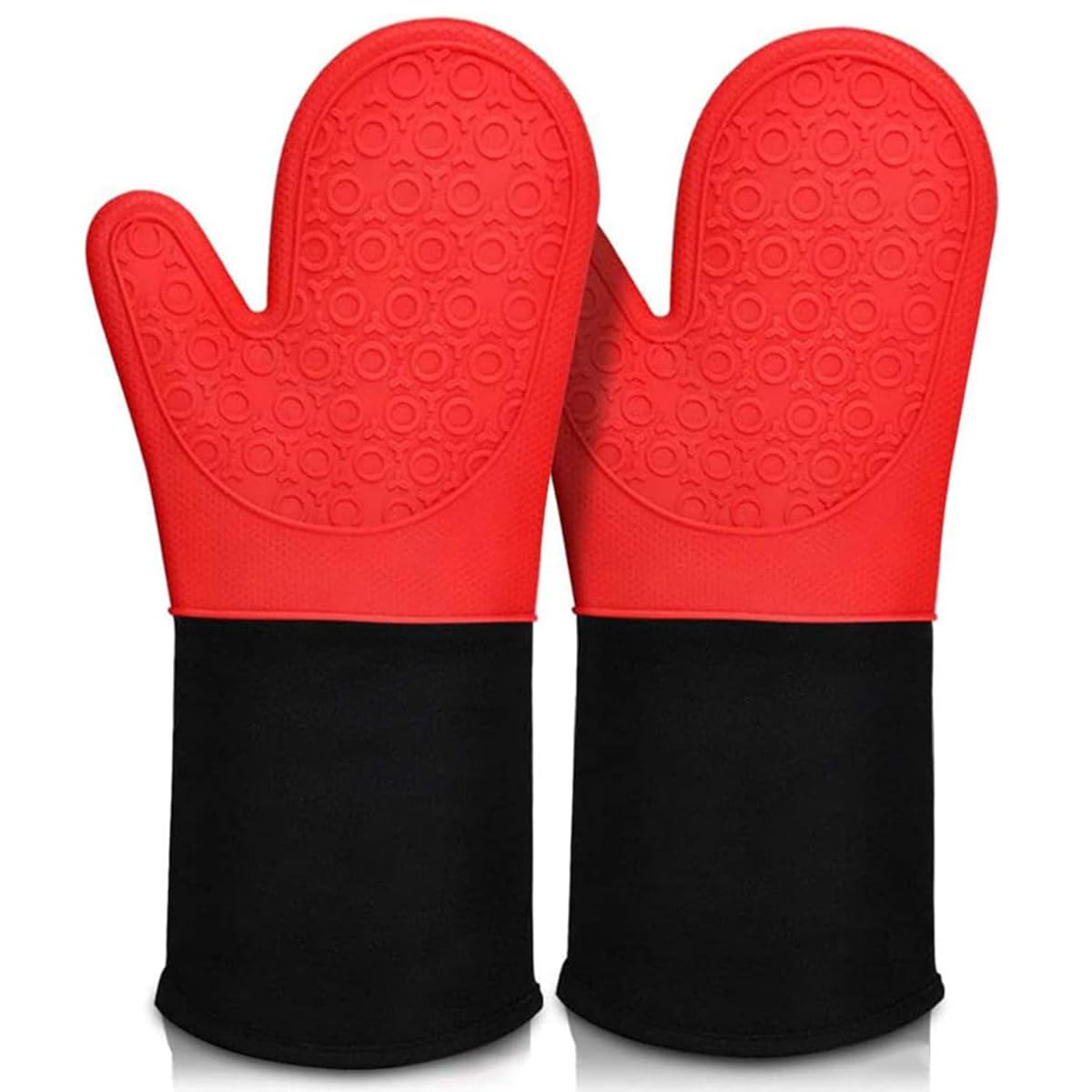 Silicone Oven Mitt, 1 Pair Waterproof Heat Resistant Kitchen Long Cotton Bbq Baking Gloves, Premium Silicone Oven Mitt, Non-Slip Oven Mitts for Barbecue Cooking Baking