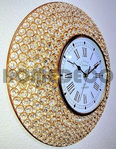 Image of HOMEDECO Decorative Crystal Wall Clock Analog 6 Lines of Diamond Beads Iron Clock, Roman Numbers Modern Fancy Designer Clock, Luxury Large Victoria for Home Decor Items Best Gift (Golden 39x20.32cm)