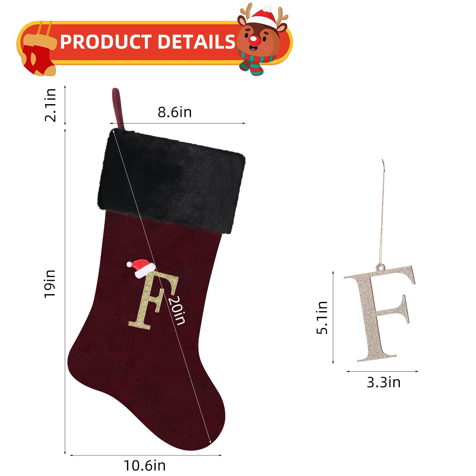 Yehnois 20 Inches Letter Embroidered Christmas Stocking,Personalized Burgundy Velvet Christmas Stocking,Holiday Season Decor and Xmas Gift?J?