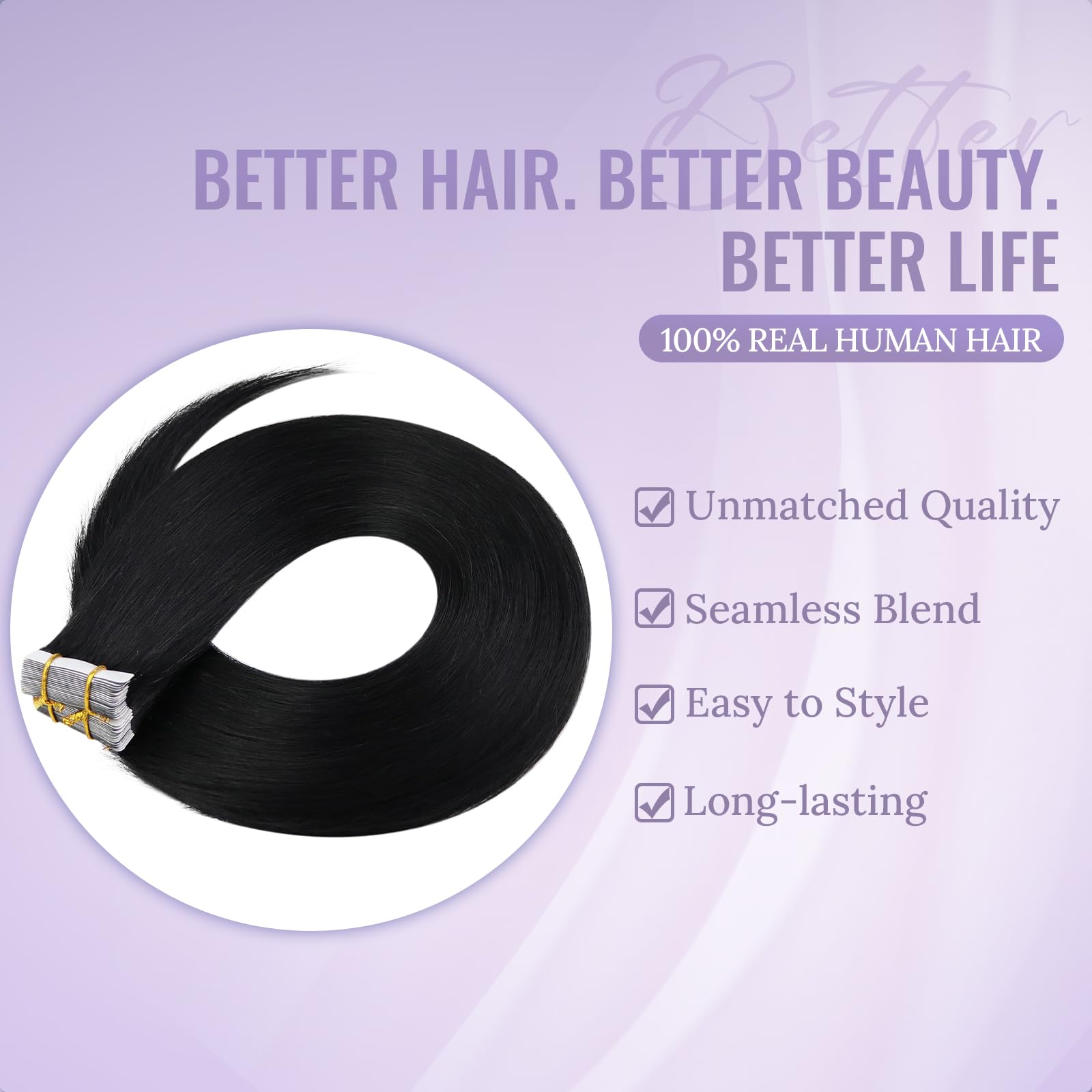Fshine Estensioni Biadesivo Veri Capelli 50CM 20Pcs 50g Adesive Invisibili Capelli Umani Extension Naturale Neri Capelli Lisci Extensions Tape in Human Hair Extensions Remy #1B
